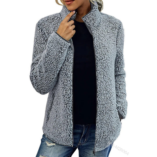 Damen kuschelige Teddy-Fleecejacke mit Stehkragen und Reißverschluss Shop Nory