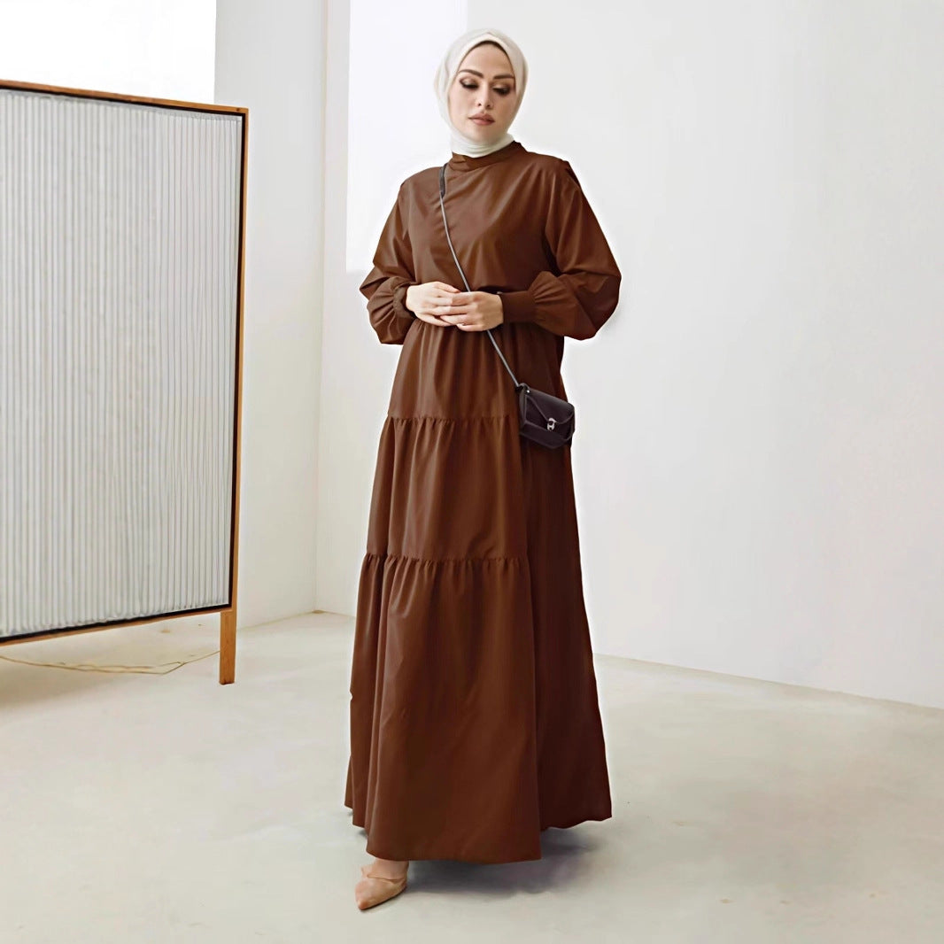 Damen Maxikleid mit Stufenrock, hohem Kragen und gerafften Ärmeln Shop Nory
