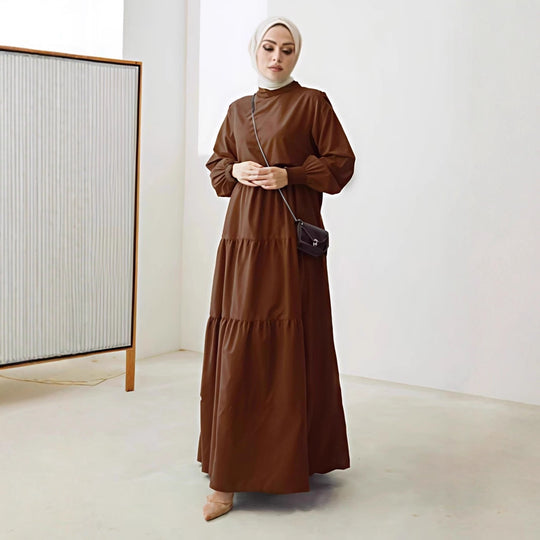 Damen Maxikleid mit Stufenrock, hohem Kragen und gerafften Ärmeln Shop Nory