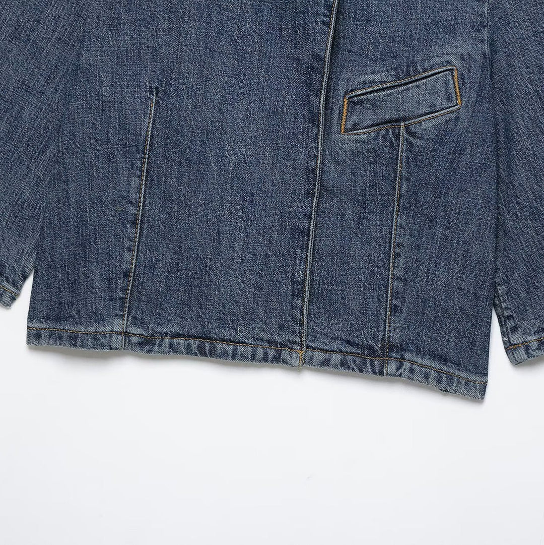 Damen Cropped Jeansjacke im Boxy-Cut mit Stehkragen und verdeckter Knopfleiste Shop Nory