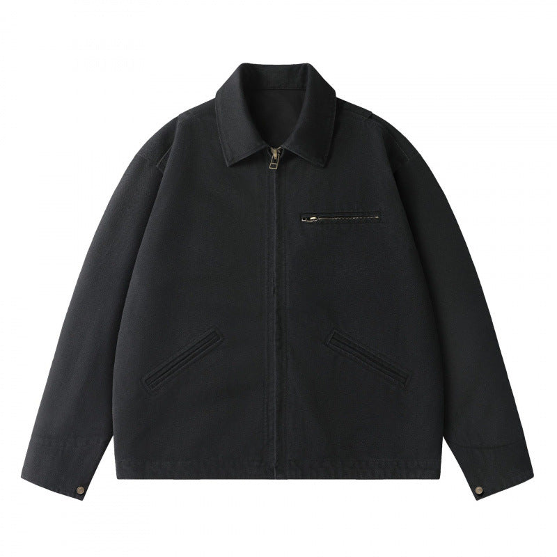 Unisex Kastenförmige Kurzjacke im Worker-Blouson-Stil mit Hemdkragen und verdecktem Reißverschluss Shop Nory