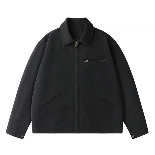 Unisex Kastenförmige Kurzjacke im Worker-Blouson-Stil mit Hemdkragen und verdecktem Reißverschluss Shop Nory