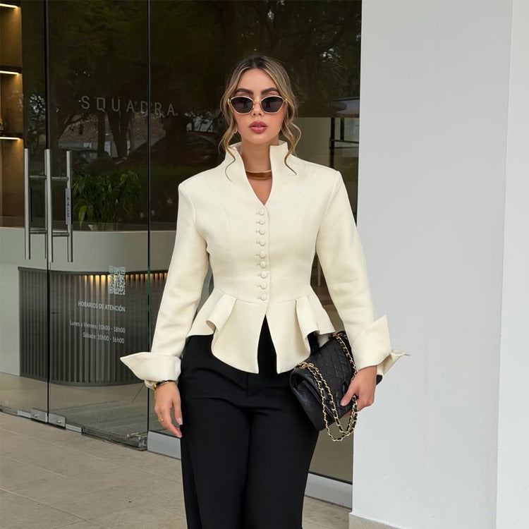Damen Taillierter Blazer mit Schößchen, Stehkragen & Zierknopf-Leiste Shop Nory