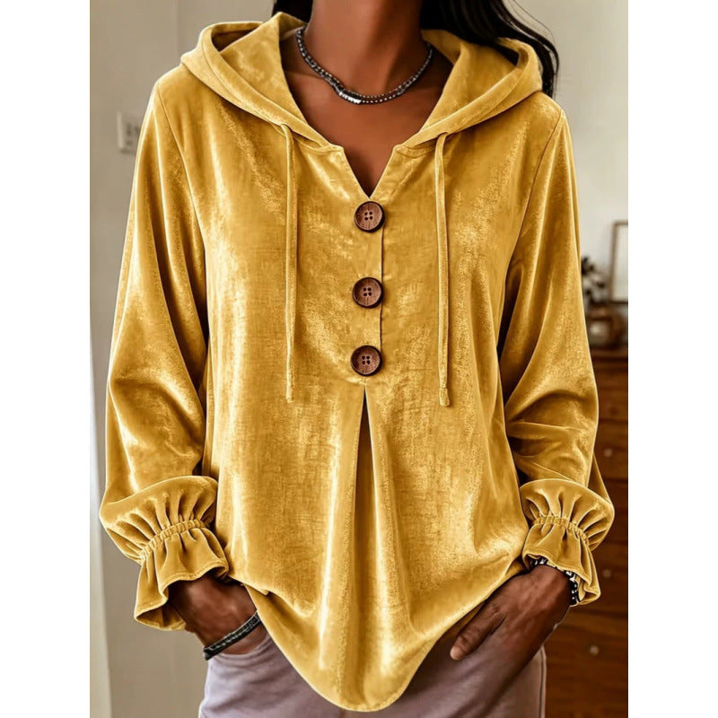 Damen Samt-Hoodie mit Holzknopfblende, Tunnelzug und gerafften Ärmeln Shop Nory
