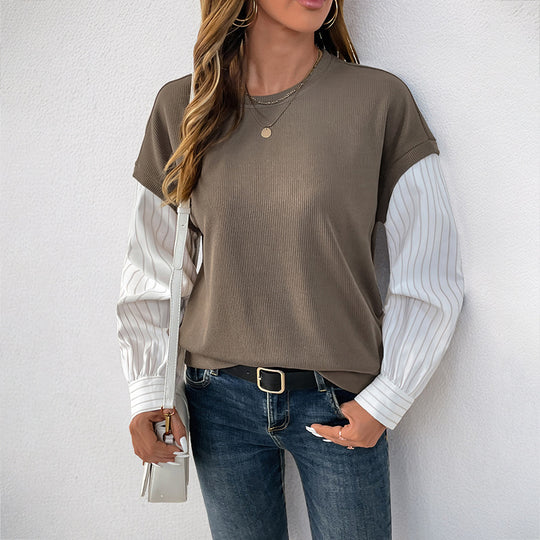 Damen Casual-Longsleeve mit Rippoberteil & gestreiften Blusenärmeln Shop Nory