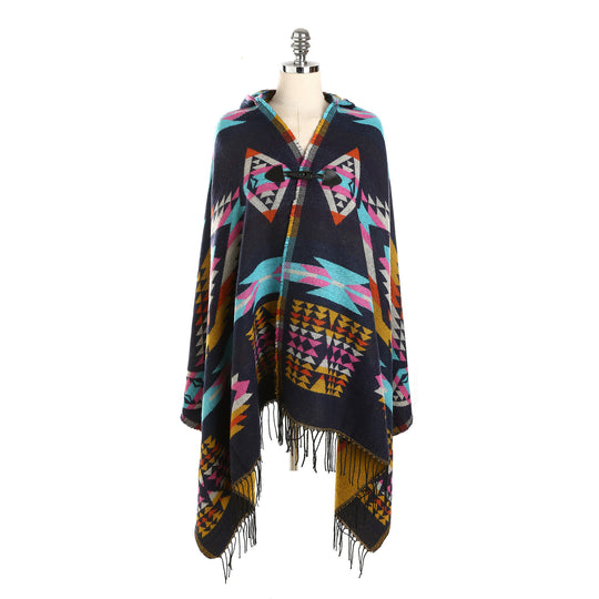 Damen Ethno-Jacquard-Poncho mit Knebelverschluss und Fransensaum Shop Nory