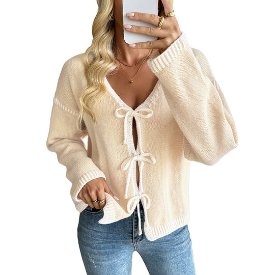 Damen Strickcardigan mit Schleifenverschluss und tiefem V-Ausschnitt Shop Nory