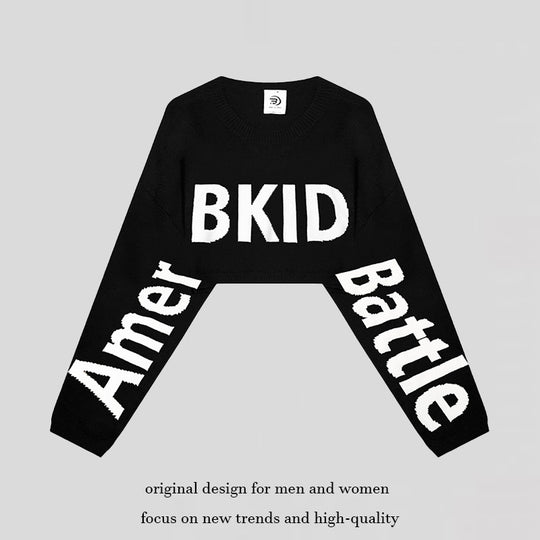 Damen Cropped Strickpullover mit weiten Raglanärmeln und Statement-Schriftzug Shop Nory