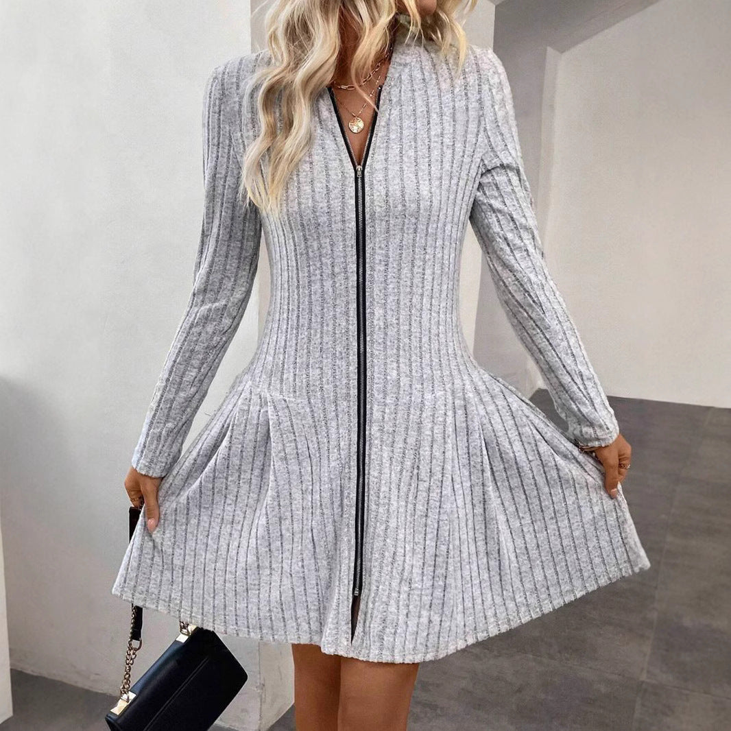Damen Geripptes Strickkleid mit Frontreißverschluss und A-Linien-Silhouette Shop Nory