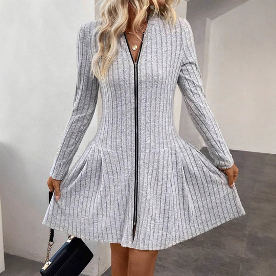 Damen Geripptes Strickkleid mit Frontreißverschluss und A-Linien-Silhouette Shop Nory