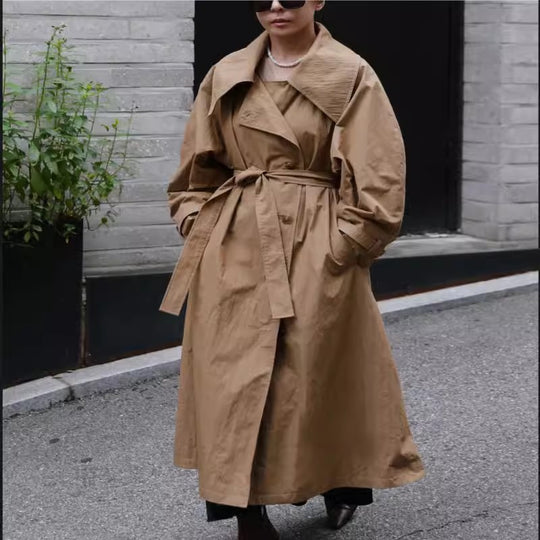 Damen Voluminöser Trenchcoat im Oversize-Look mit weitem Wasserfallkragen und Taillenbindegürtel Shop Nory