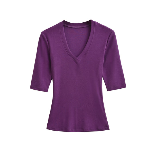 Damen Figurbetontes V‑Ausschnitt Dreiviertelarm Feinripp-Top aus Stretchjersey Shop Nory
