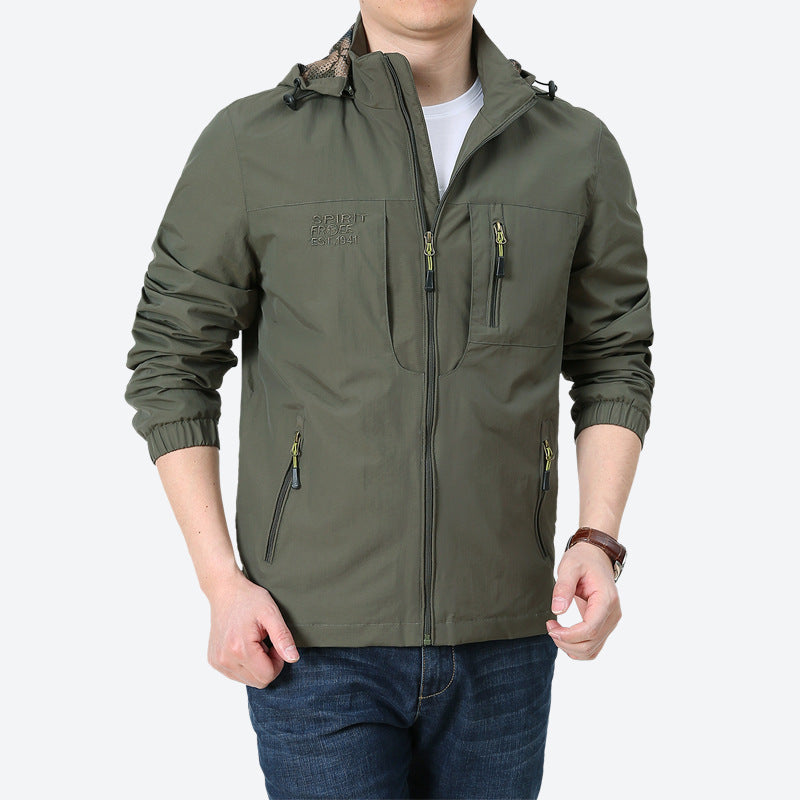 Herren Windabweisende Microfaser-Utilityjacke mit Kapuze und Mehrfach-Reißverschlusstaschen Shop Nory