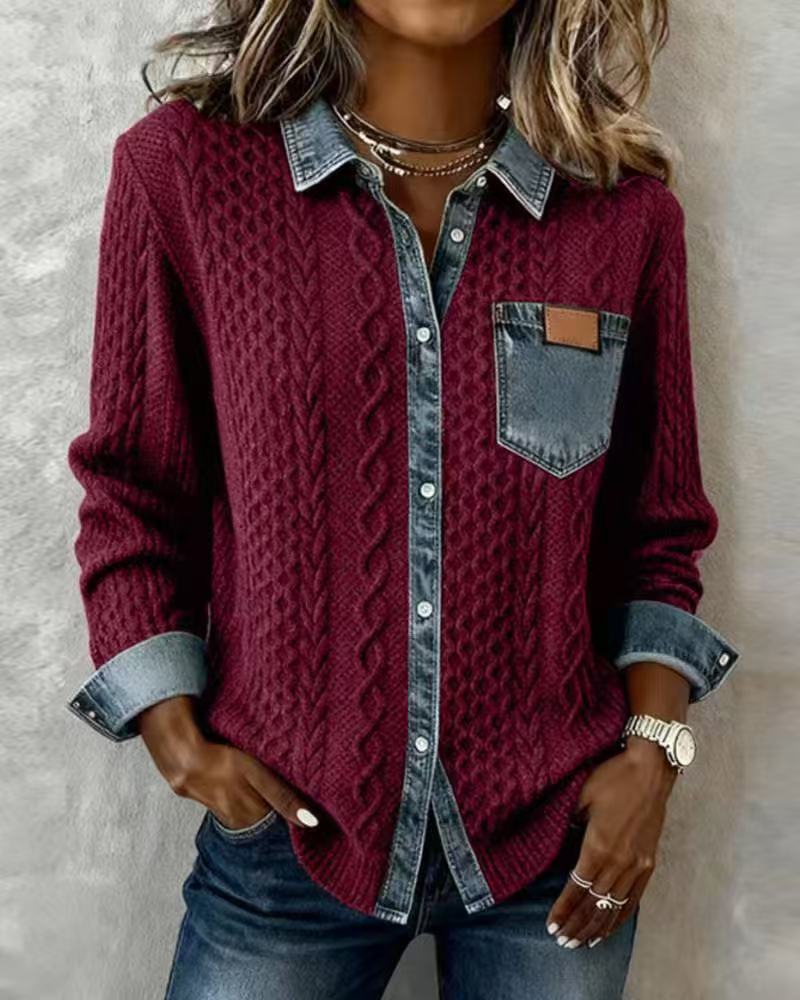 Damen nan geflochtener Strickpullover mit integriertem Jeanskragen und Brusttasche Shop Nory