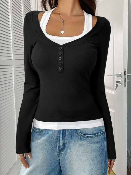 Damen Figurbetontes Langarmshirt mit U-Ausschnitt und Knopfleiste Shop Nory