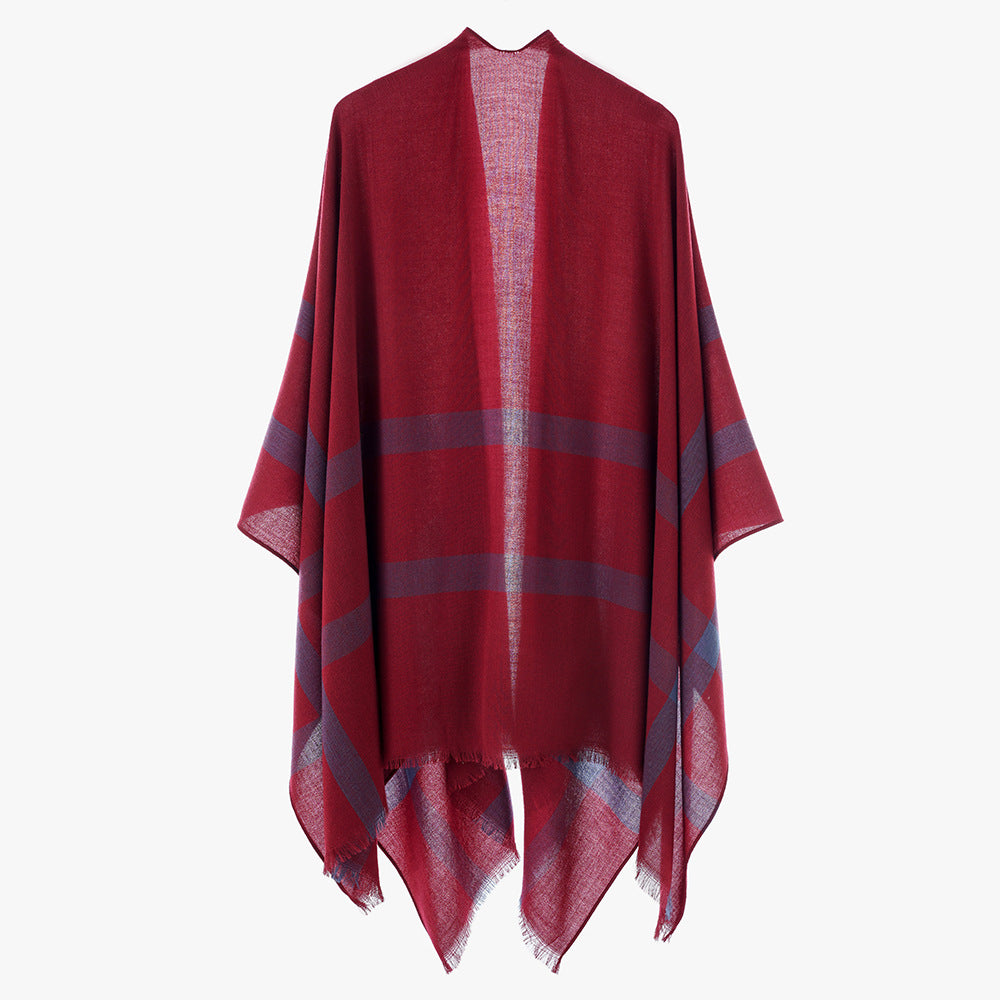 Damen Leichter V-Ausschnitt-Poncho aus feinem Gewebe mit diagonalen Kontraststreifen Shop Nory