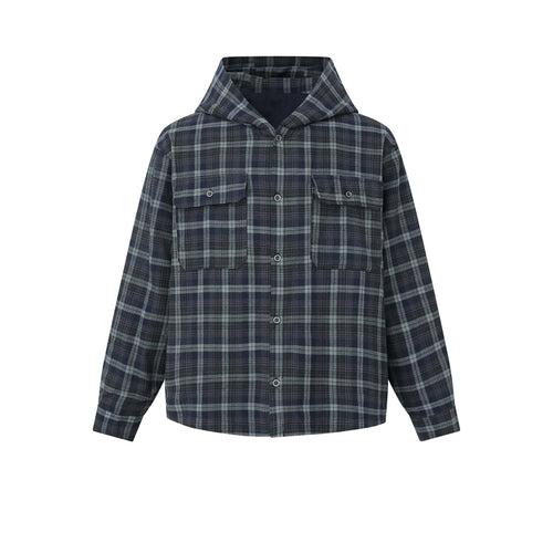 Herren Karo-Overshirt mit Kapuze, wattierter Hemdjacke und aufgesetzten Pattentaschen Shop Nory