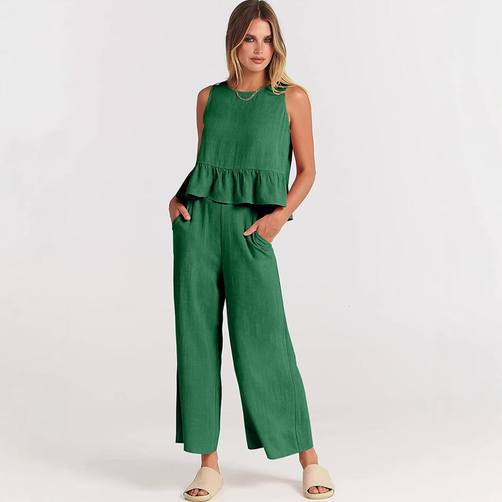 Damen luftiges Zweiteiler-Set mit schickem Peplum-Top und weitem Hose