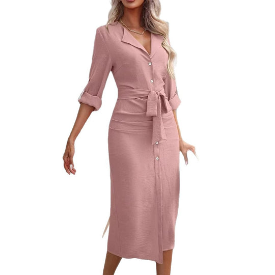 Damen Hemdblusenkleid mit Taillengürtel, Umschlagärmeln und vorderem Schlitz Shop Nory