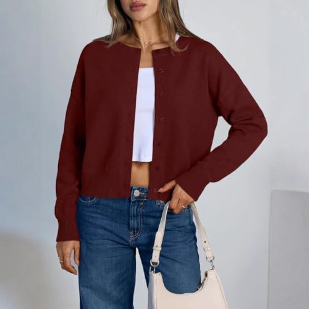 Damen Cropped Strickjacke im Boxy‑Schnitt mit Rundhals und Rippbündchen Shop Nory