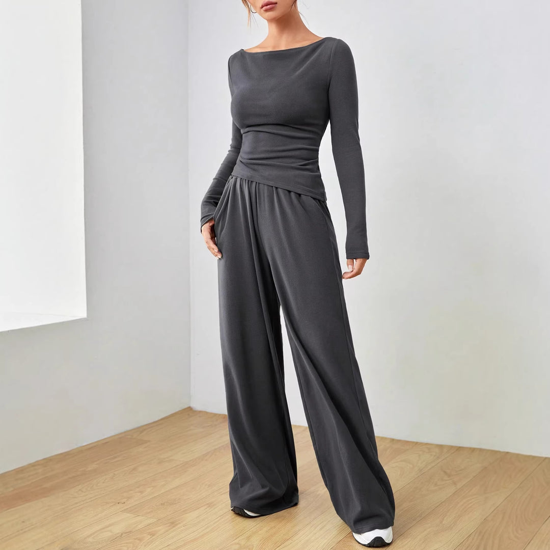 Damen Lässiges Two‑Piece Lounge‑Set mit U‑Boot‑Ausschnitt, taillierter Drapierung und weitem Palazzohose Shop Nory