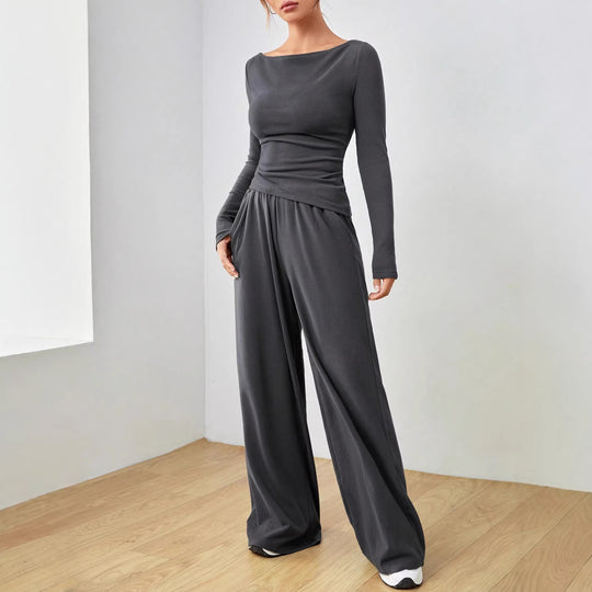 Damen Lässiges Two‑Piece Lounge‑Set mit U‑Boot‑Ausschnitt, taillierter Drapierung und weitem Palazzohose Shop Nory
