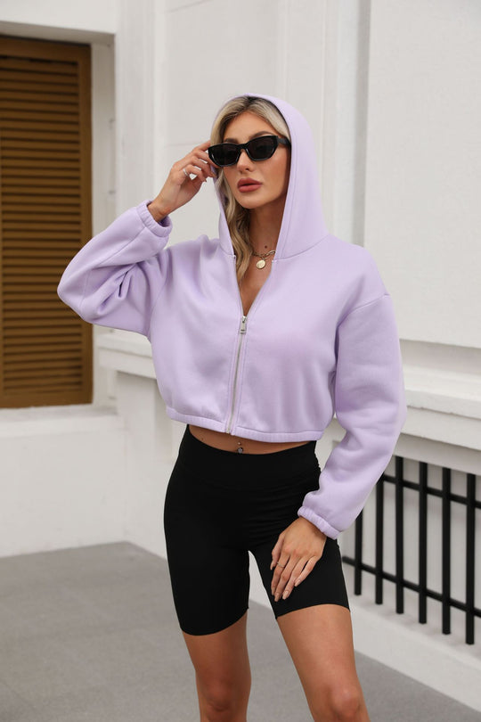 Damen Cropped Kapuzenjacke mit durchgehendem Reißverschluss und oversized Ärmeln Shop Nory