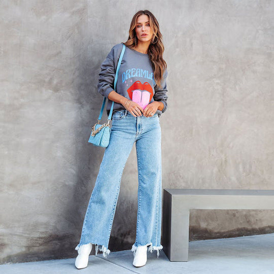 Damen Weite Jeans mit fransigem Saum und modischem Schnitt Shopnory