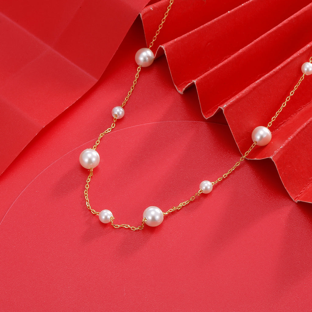Damen elegante Perlen-Halskette mit feiner Gliederkette Shop Nory