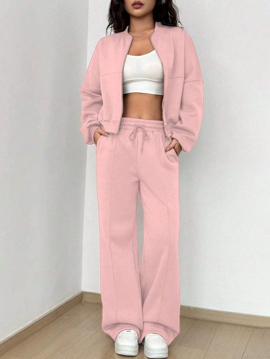 Damen Loungewear-Set mit kurzem Reißverschluss-Bomber und weiter High-Waist Jogginghose Shop Nory