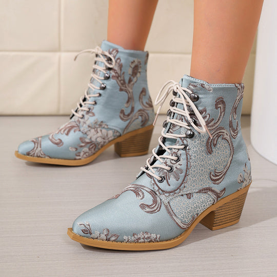 Damen bestickte Schnür-Stiefelette mit Jacquard-Brokatmuster und niedrigem Blockabsatz Shop Nory