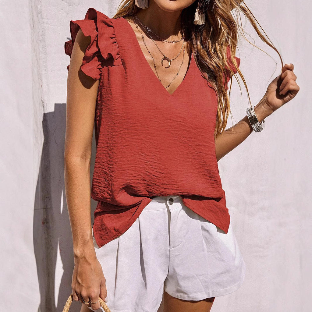 Damen Bluse mit Rüschendetails und V-Ausschnitt