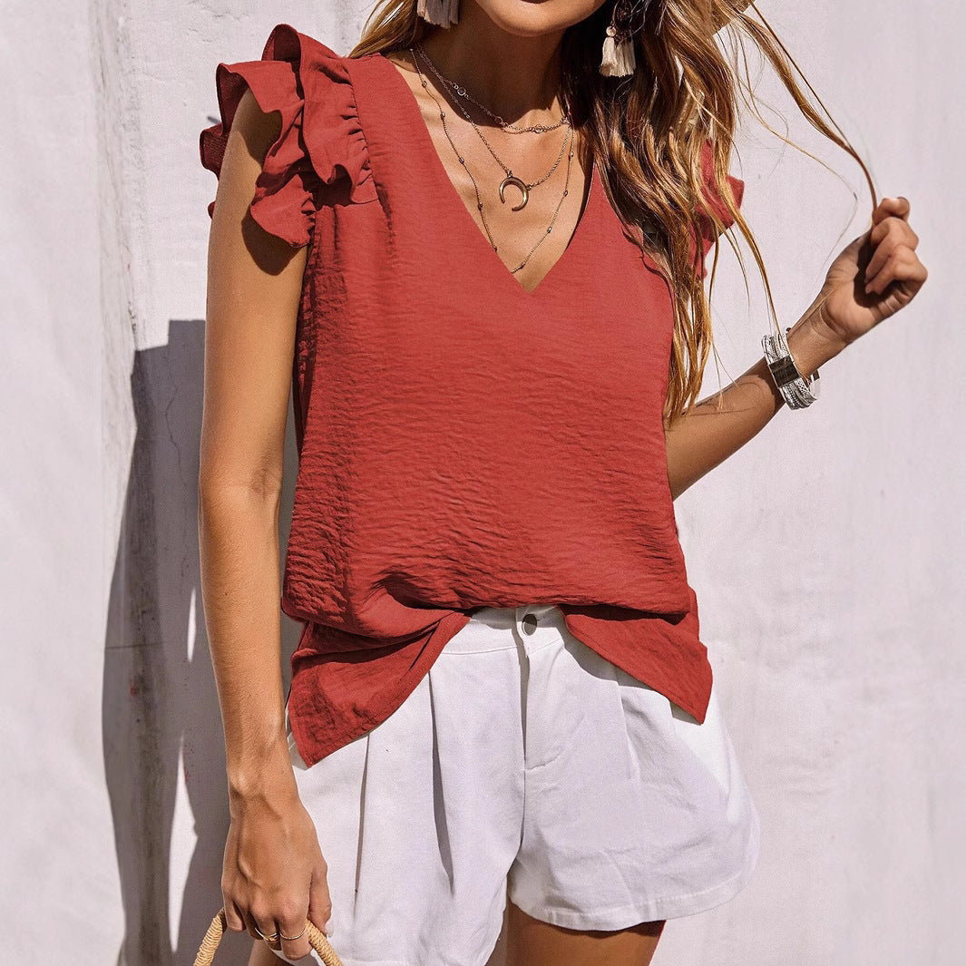 Damen Bluse mit Rüschendetails und V-Ausschnitt
