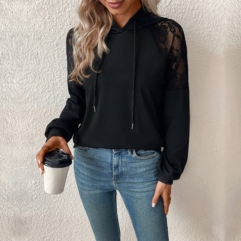 Damen Kapuzenpullover mit Spitzen-Schultereinsatz, Raglanärmeln und legerer Passform Shop Nory