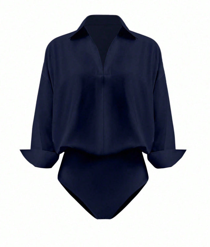 Damen Eleganter Hemdblusen-Body mit V-Ausschnitt, Oversize‑Schnitt und Umschlagmanschetten Shop Nory