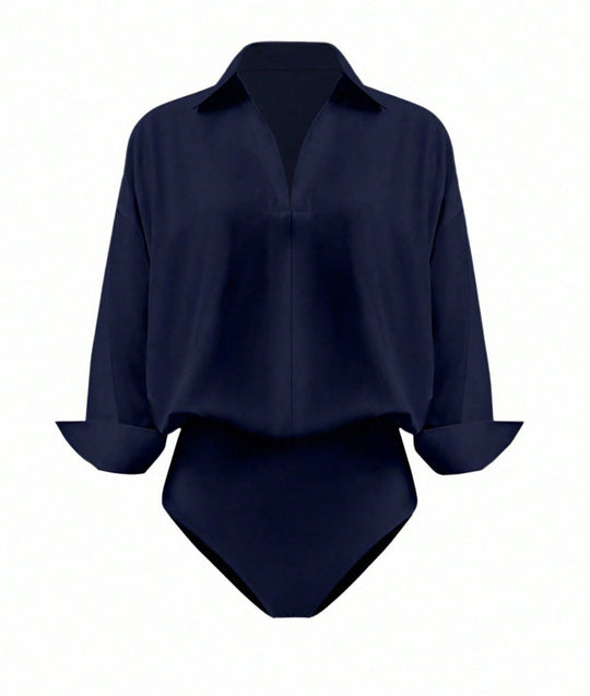 Damen Eleganter Hemdblusen-Body mit V-Ausschnitt, Oversize‑Schnitt und Umschlagmanschetten Shop Nory