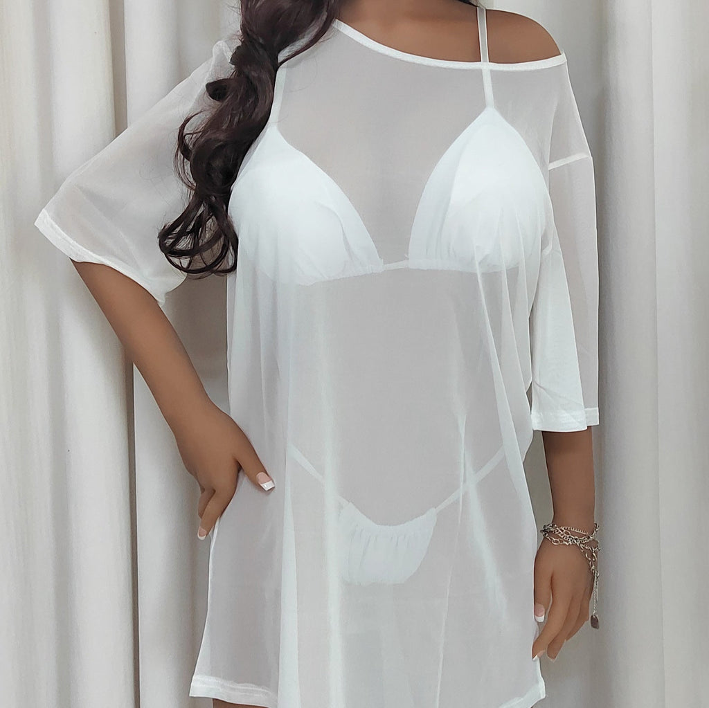 Damen luftige Strandbluse mit transparenten Ärmeln