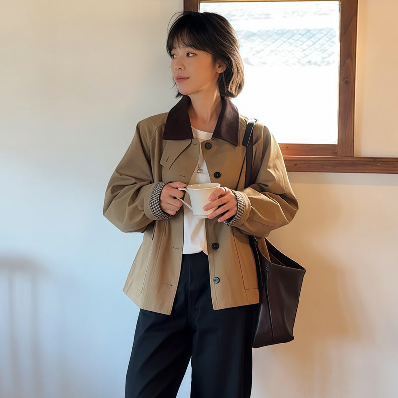 Damen Boxy Übergangsjacke mit Cordkragen und großen Pattentaschen Shop Nory