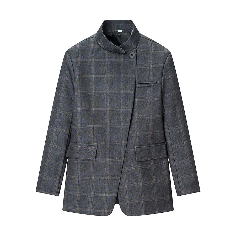 Herren Karierter Stehkragen-Blazer mit asymmetrischer Knopfleiste und Pattentaschen Shop Nory