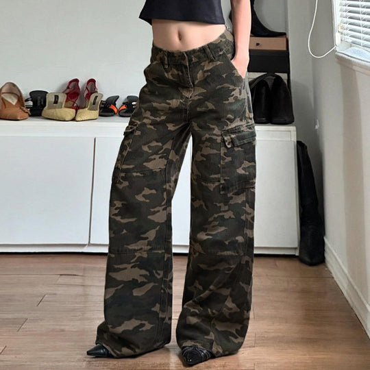 Damen nan weite Cargo-Hose mit Camouflage-Print, hoher Taille und mehreren aufgesetzten Beintaschen Shop Nory