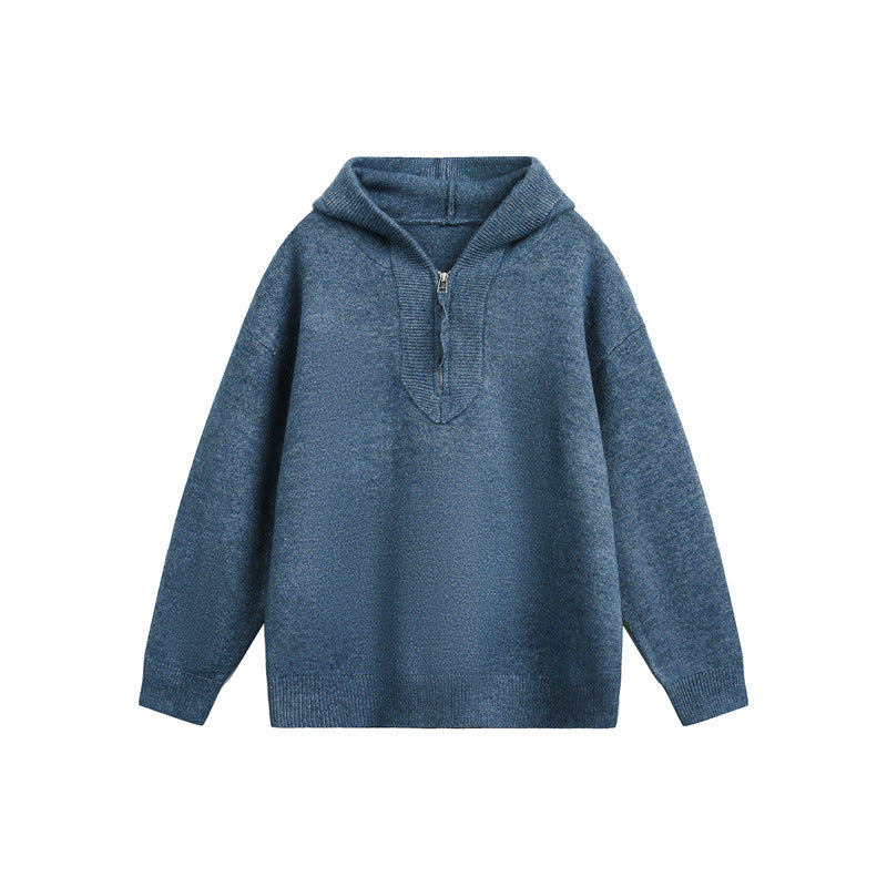 Damen Oversize-Strickpullover mit halbem Reißverschluss und Kapuzenkragen Shop Nory