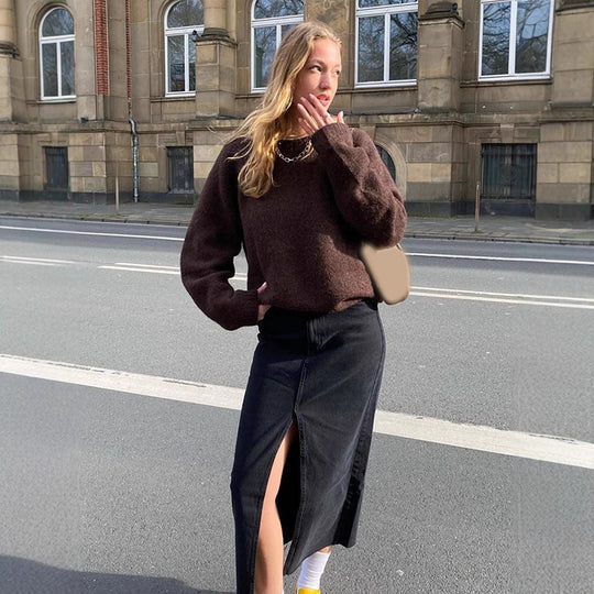 Damen Denim-Midirock mit hoher Taille, Frontschlitz und geradem Schnitt Shop Nory