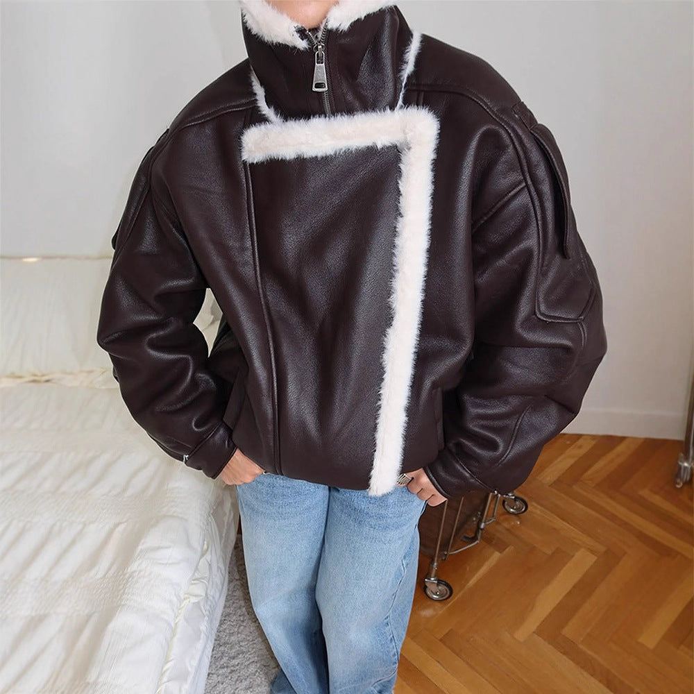 Damen Oversize Fliegerjacke aus Lederimitat mit asymmetrischer Kunstfell-Borte Shop Nory