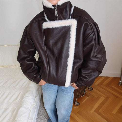 Damen Oversize Fliegerjacke aus Lederimitat mit asymmetrischer Kunstfell-Borte Shop Nory