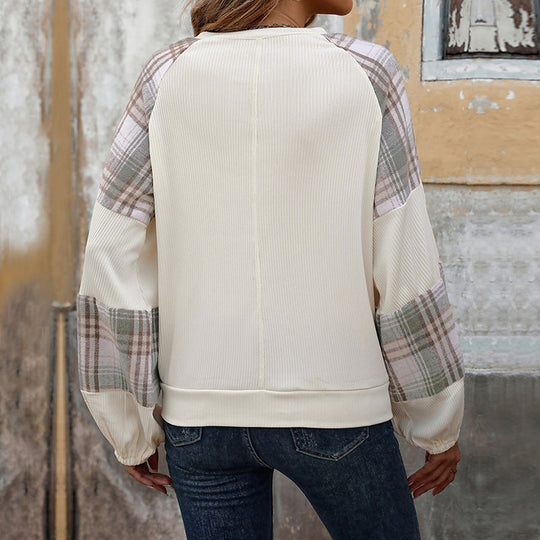 Damen Legeres Raglan-Sweatshirt mit karierten Ballonärmeln, Keyhole-Ausschnitt & gerafften Bündchen Shop Nory