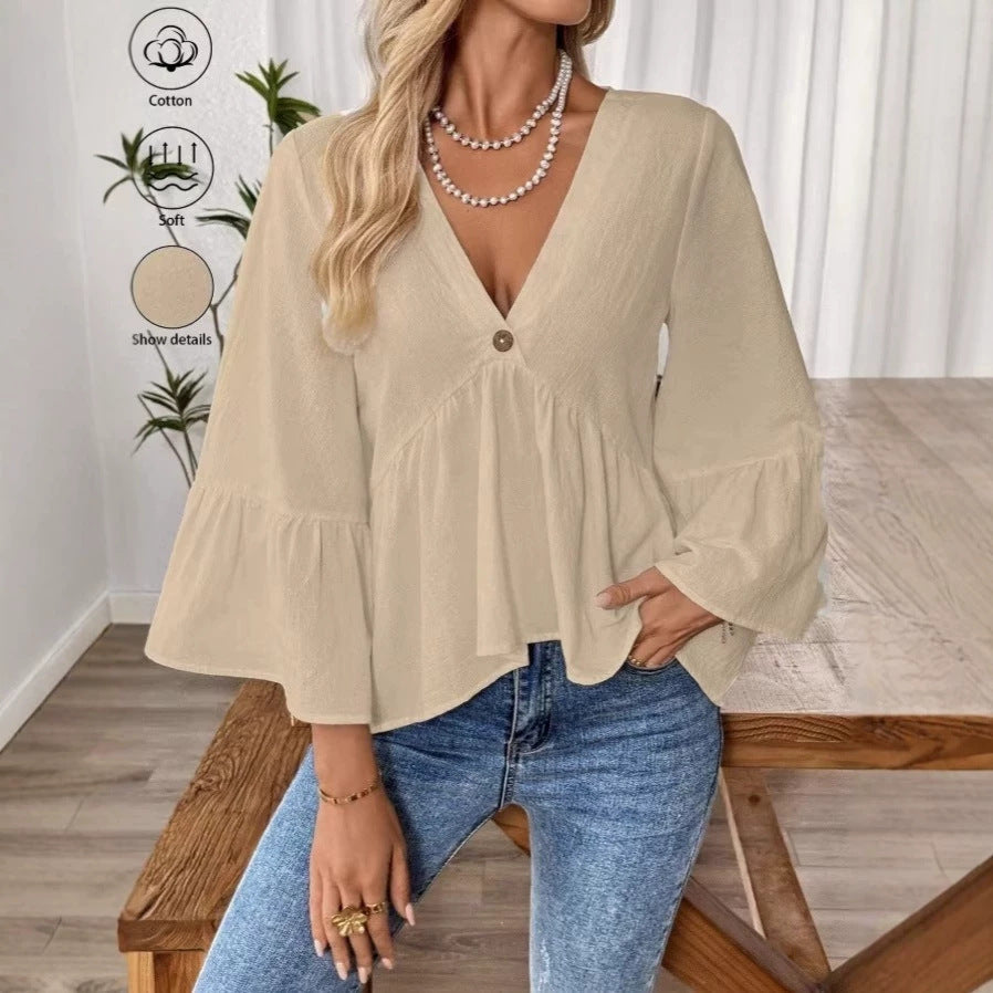 Damen nan elegante Empire-Bluse mit V-Ausschnitt, geraffter Brustnaht und Glockenärmeln Shop Nory