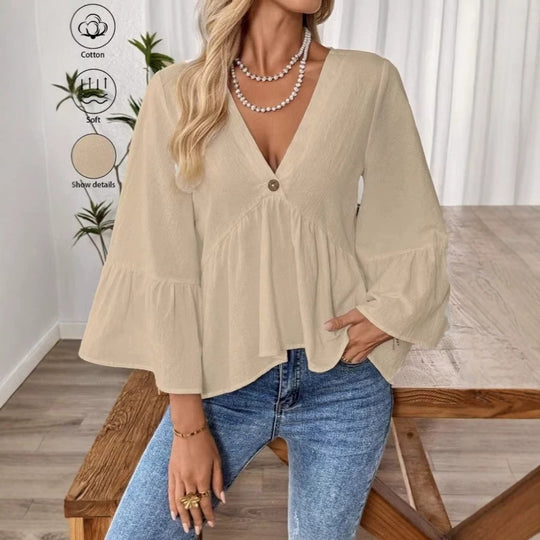 Damen nan elegante Empire-Bluse mit V-Ausschnitt, geraffter Brustnaht und Glockenärmeln Shop Nory