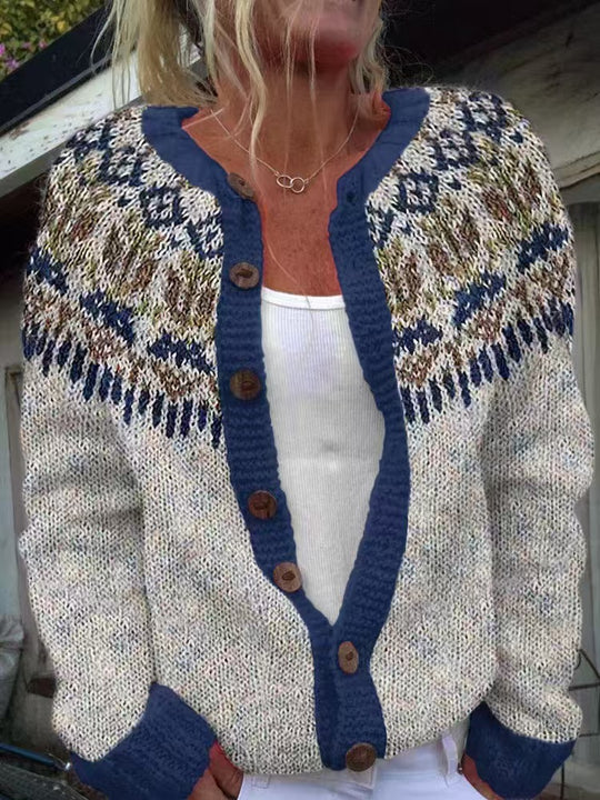 Damen nan gemusterte Strickjacke mit Rundpasse, Holzknöpfen und Eingrifftaschen Shop Nory