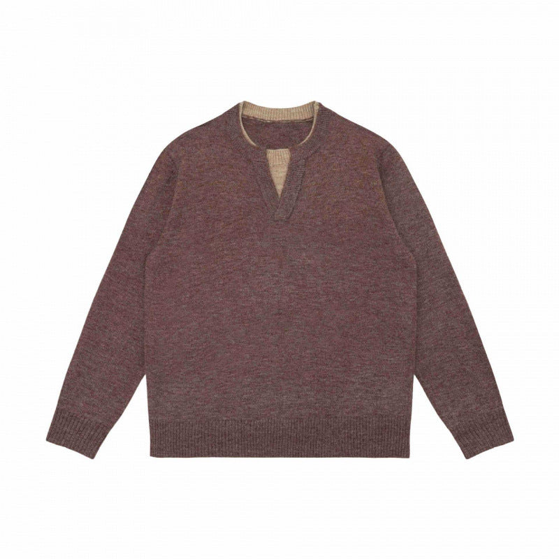 Unisex Mélange-Strickpullover mit Halbhals-V-Schlitz und kontrastiertem Innenbund Shop Nory