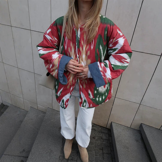 Damen Stepp-Kimonojacke mit Ikat-Print, Oversize‑Schnitt und kontrastierenden Bündchen Shop Nory